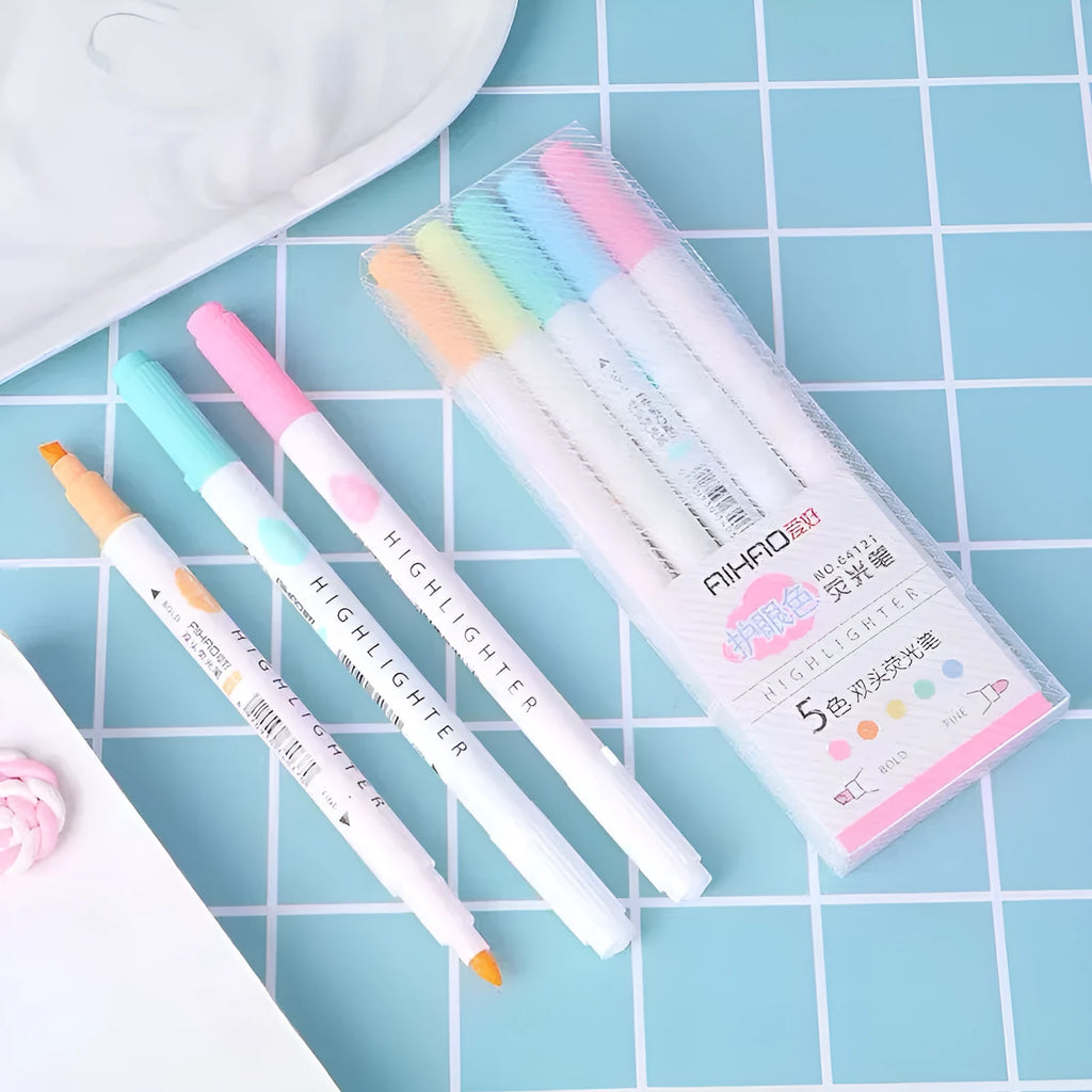 Double head gel highlighter pen set in five eye protection colours with plug-in design