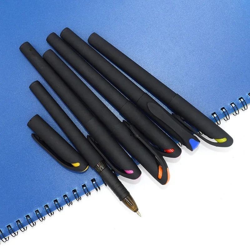 Set of 10 plastic gel pens with various coloured barrels and black ink refills showing 14cm length