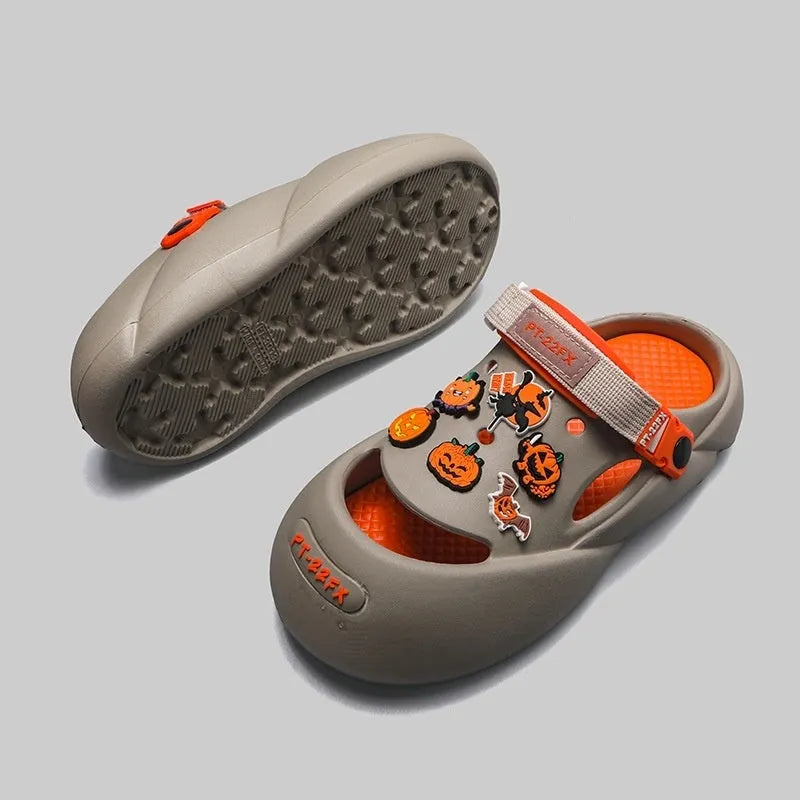 Men's grey Funny Baotou beach hole shoes made from EVA foam with a slip-on design.
