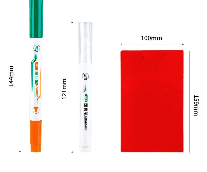 Green erasable highlighter and pen set with eraser in plastic protective case