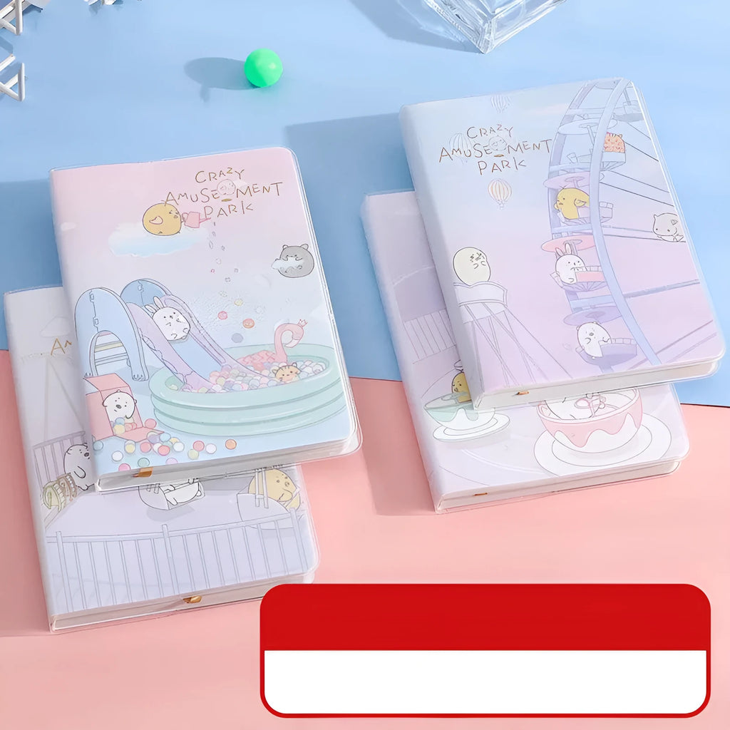 Waterproof plastic sleeve A6 notepad with PU cover and amusement park themed design