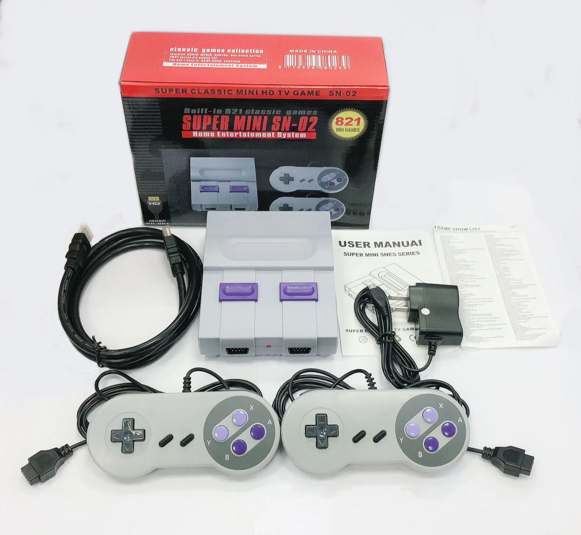 FC Red And White Classic TV Game Console SFC HD 821 in grey with controller and power adapter