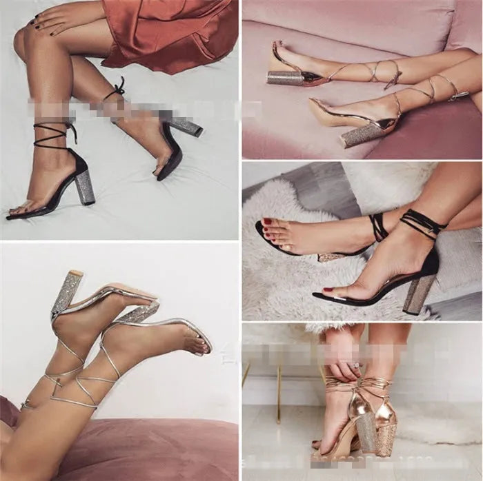 Pointed-toe black and gold ladies high heels with a plastic upper and sole.