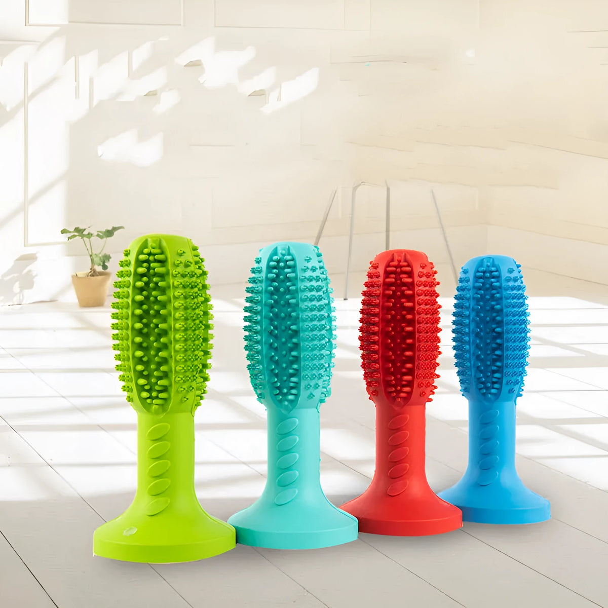 Rubber dog molar chew toy with suction cup, 6.5 x 14.5 cm, blue red green light green