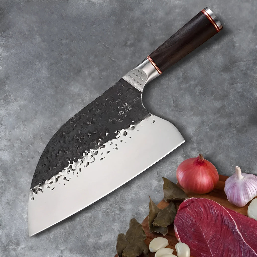 Stainless steel kitchen chef knife with ebony wood handle for cutting meat and bones