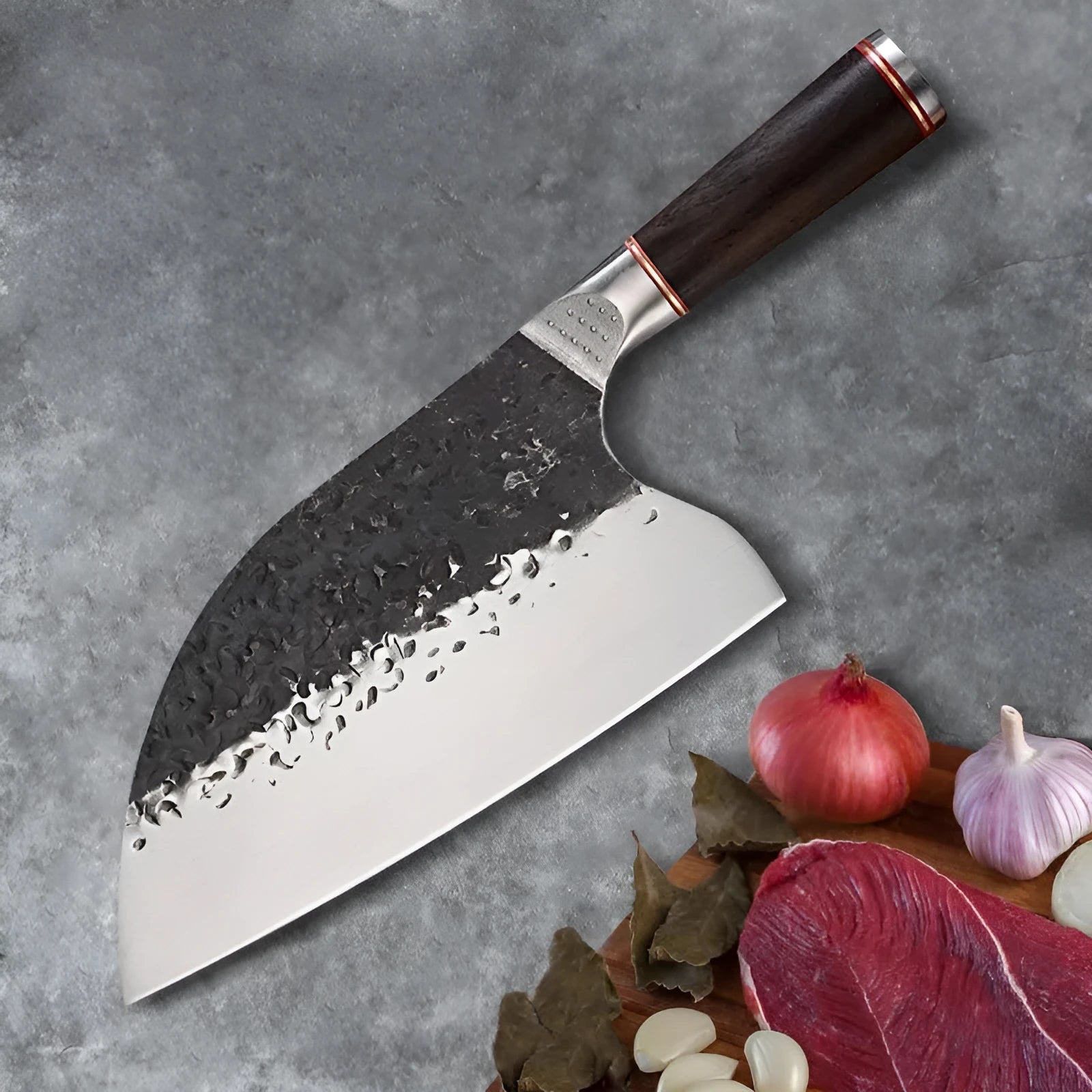 Stainless steel kitchen chef knife with ebony wood handle for cutting meat and bones
