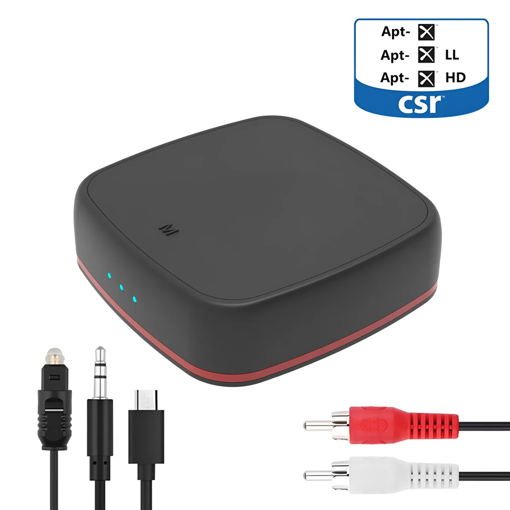 Black Bluetooth 5.0 audio adapter with optical and AUX ports for wireless audio connection