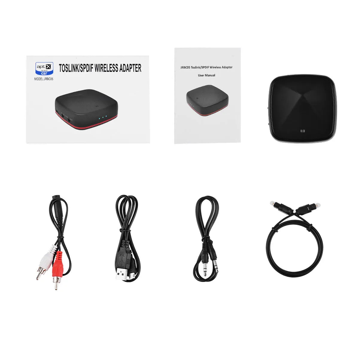 Black Bluetooth 5.0 audio adapter with optical and AUX ports for wireless audio connection