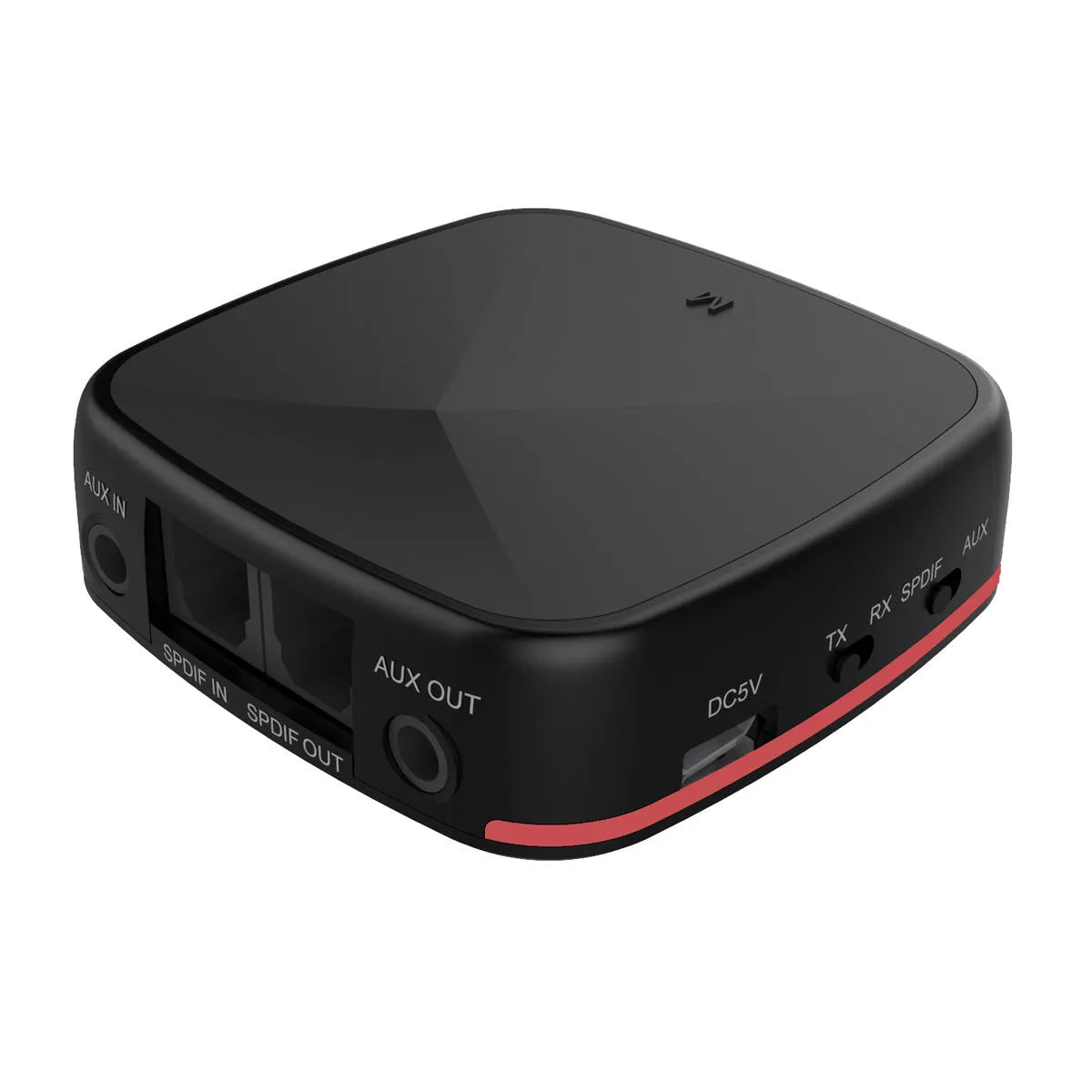 Black Bluetooth 5.0 audio adapter with optical and AUX ports for wireless audio connection