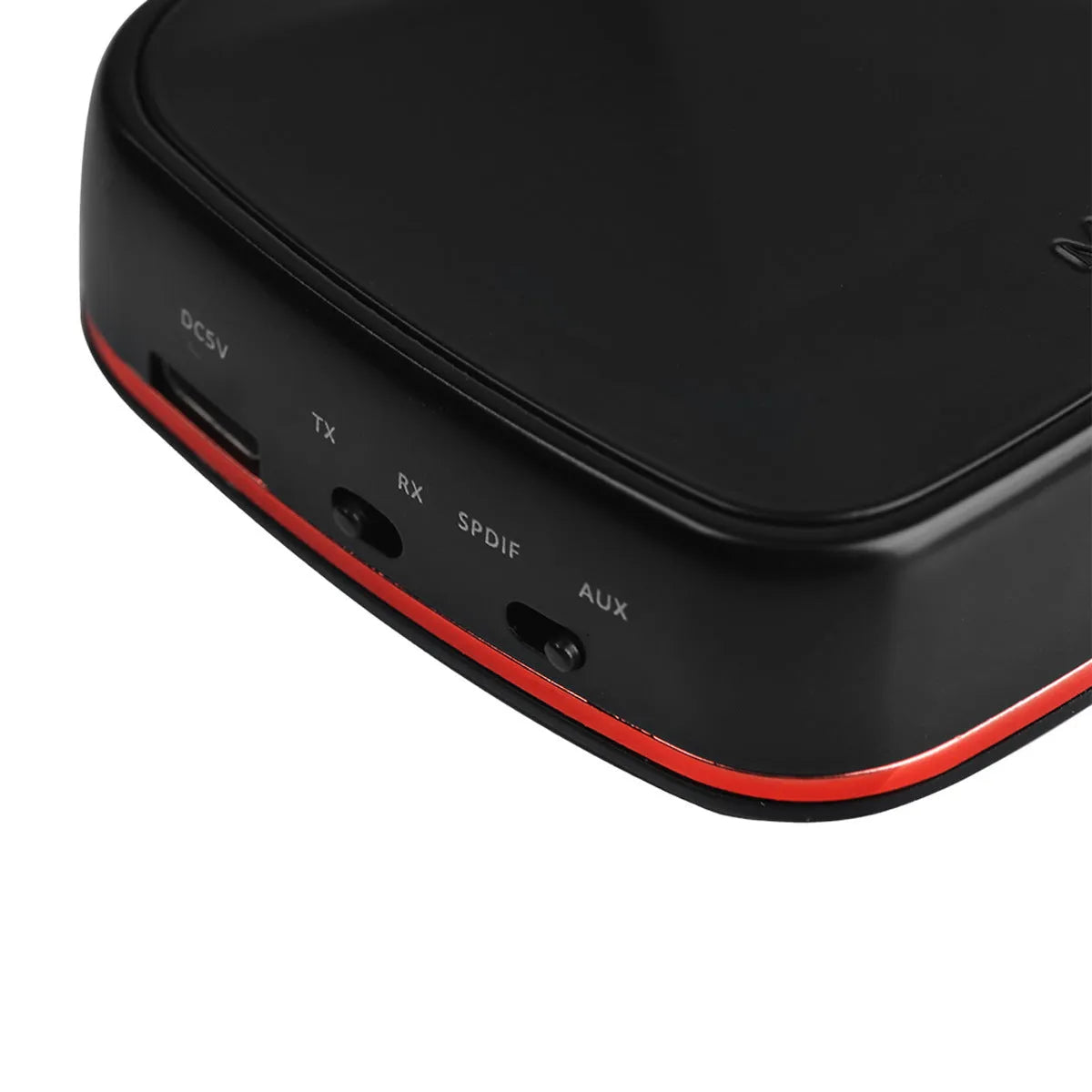 Black Bluetooth 5.0 audio adapter with optical and AUX ports for wireless audio connection