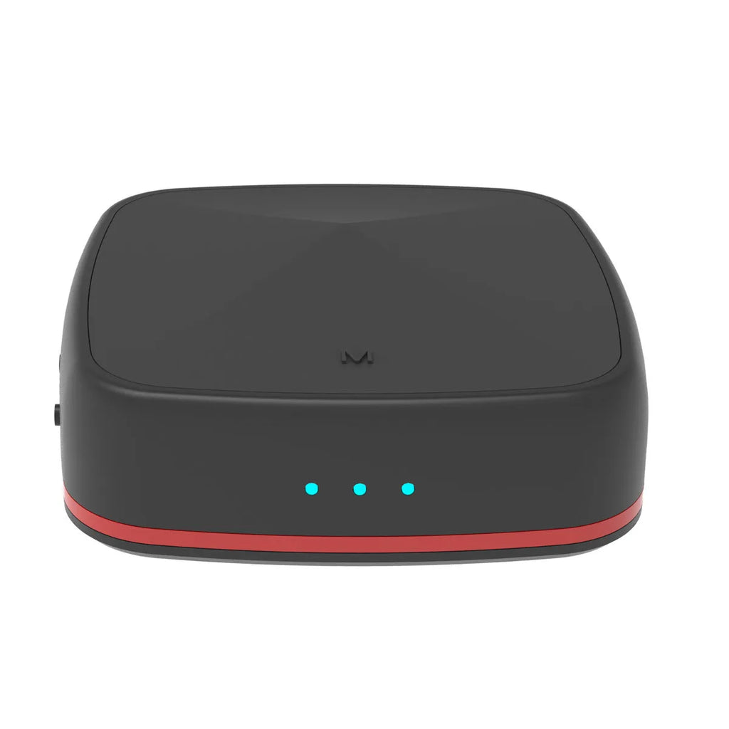 Black Bluetooth 5.0 audio adapter with optical and AUX ports for wireless audio connection
