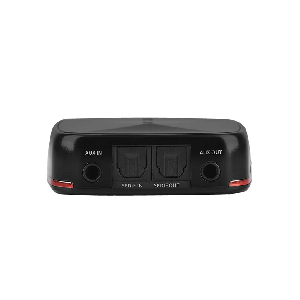 Black Bluetooth 5.0 audio adapter with optical and AUX ports for wireless audio connection