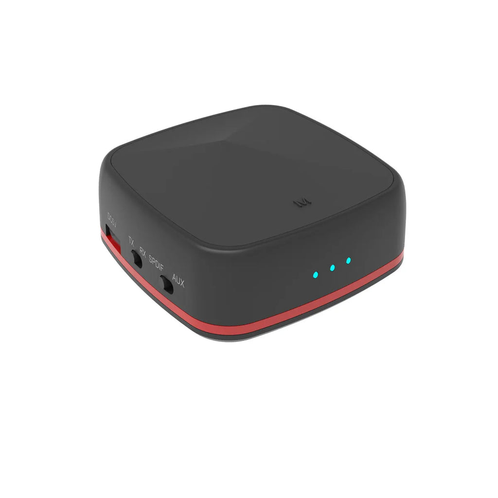 Black Bluetooth 5.0 audio adapter with optical and AUX ports for wireless audio connection