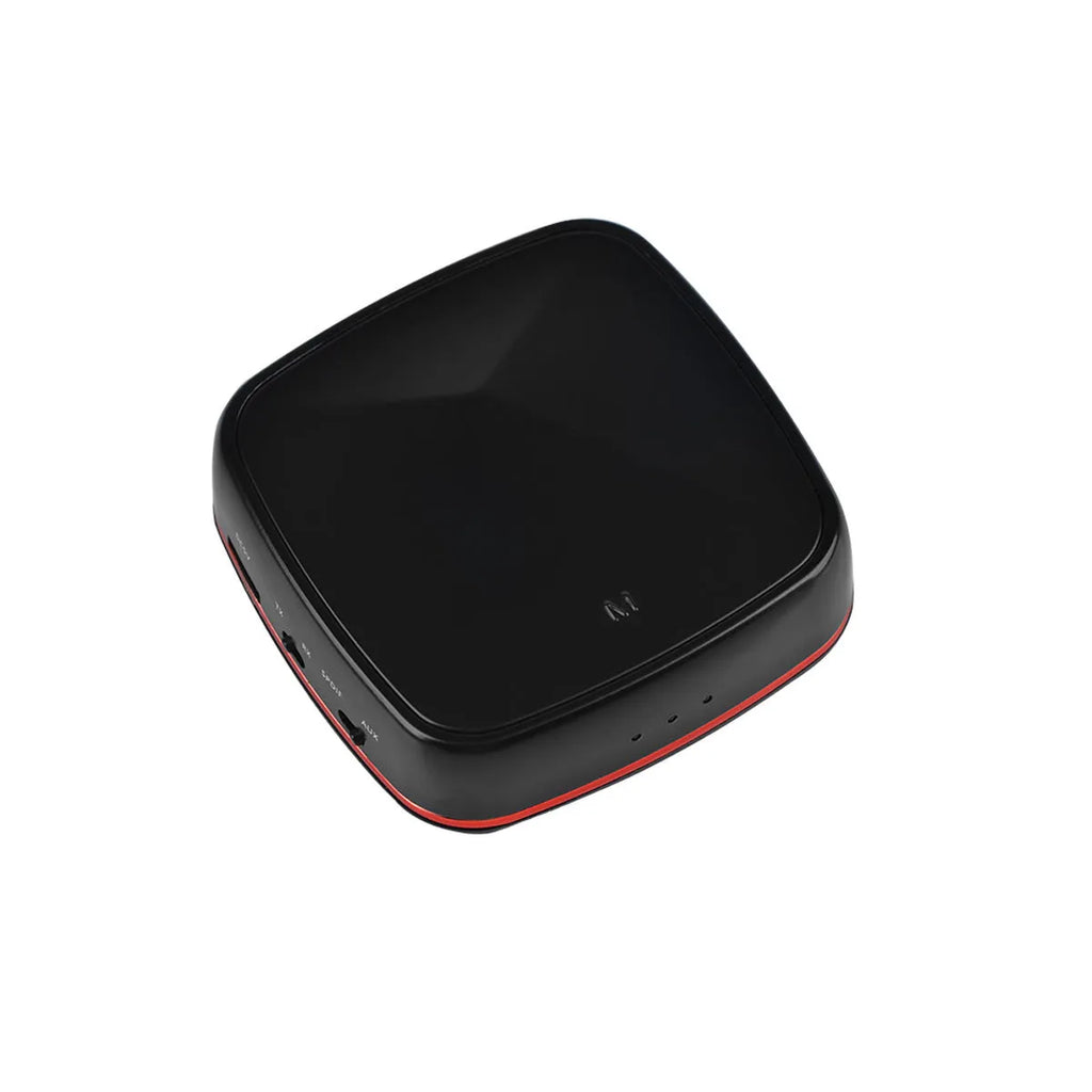 Black Bluetooth 5.0 audio adapter with optical and AUX ports for wireless audio connection