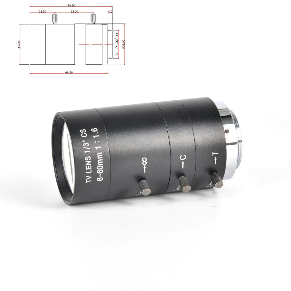 Black manual aperture 6-60mm varifocal camera lens with CS mount