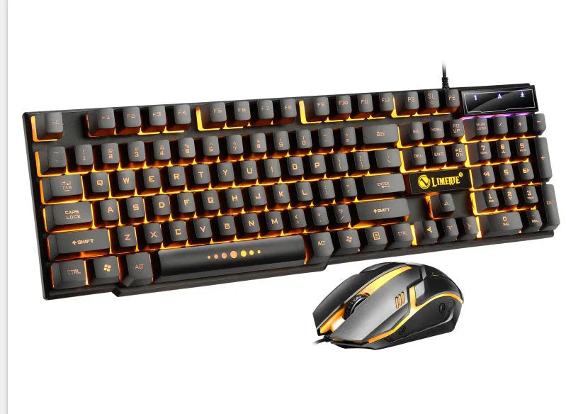 Limei GTX300 backlit gaming keyboard and mouse set in black and white on a desk.