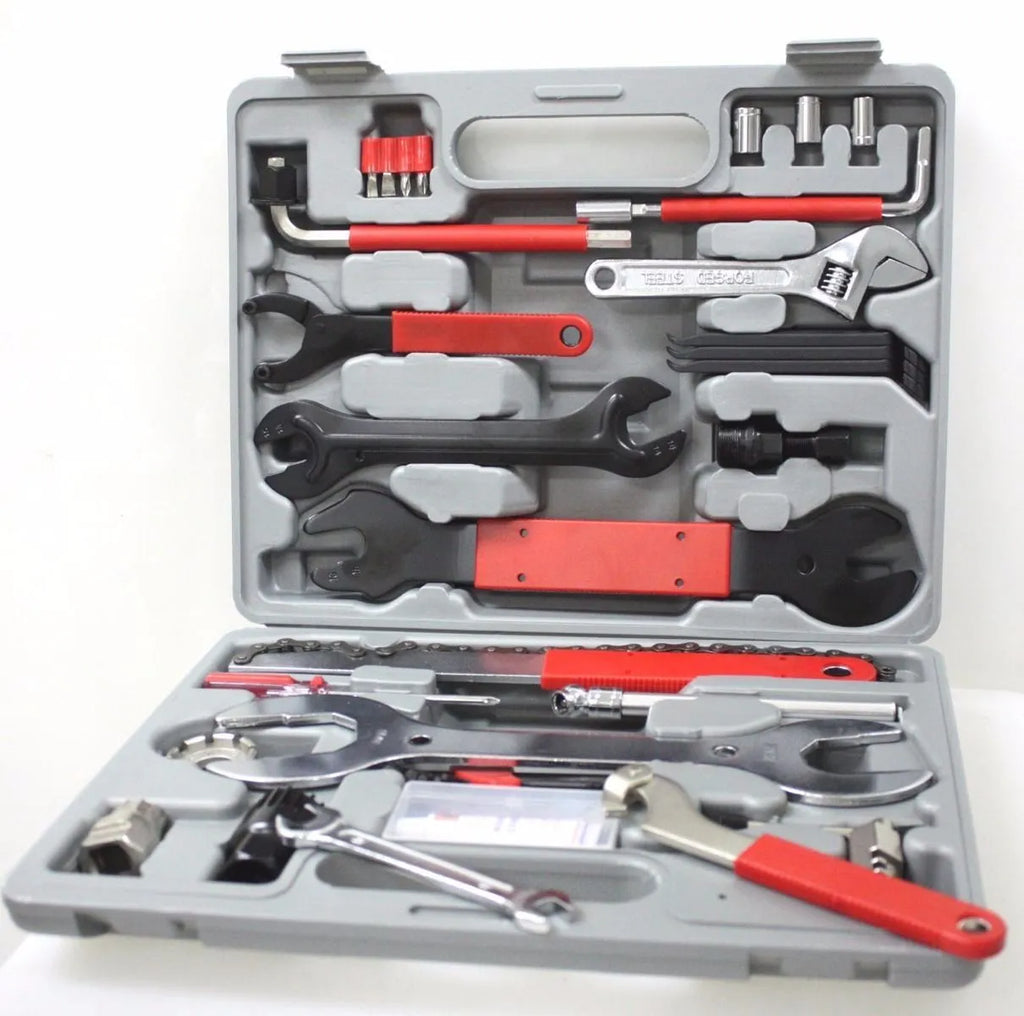 Red PE shell bicycle repair tool set with carbon steel tools for cycling maintenance, 32.5 x 25 x 7 cm