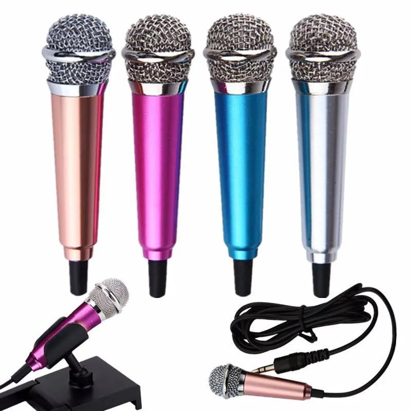 T3 mini wired condenser karaoke microphone in silver with a 3.5mm jack for mobile phones.