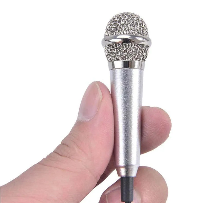 T3 mini wired condenser karaoke microphone in silver with a 3.5mm jack for mobile phones.