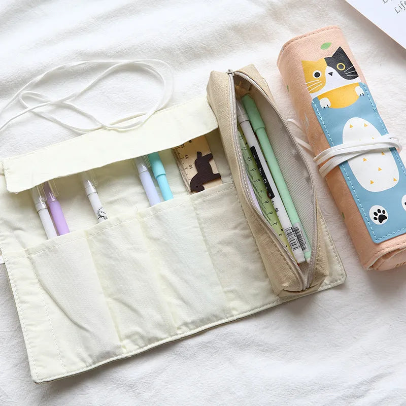 Korean cartoon rolling pencil case with cat design and zipper closure in multiple colour options