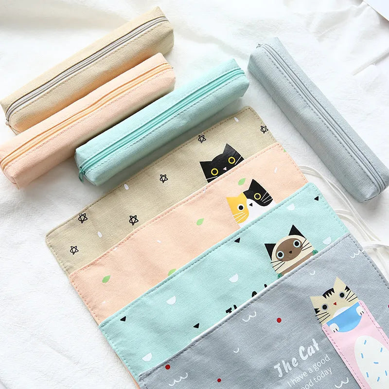 Korean cartoon rolling pencil case with cat design and zipper closure in multiple colour options