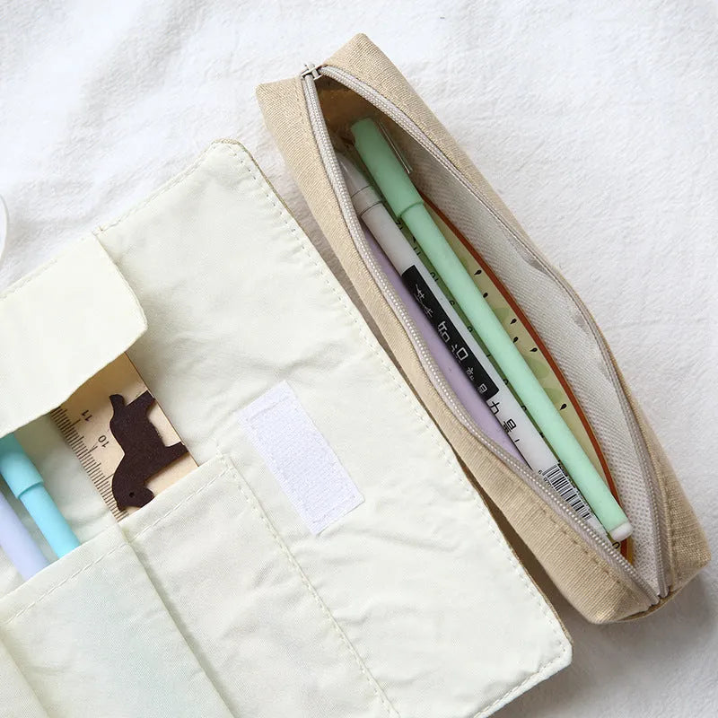 Korean cartoon rolling pencil case with cat design and zipper closure in multiple colour options