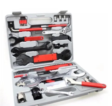 Red PE shell bicycle repair tool set with carbon steel tools for cycling maintenance, 32.5 x 25 x 7 cm