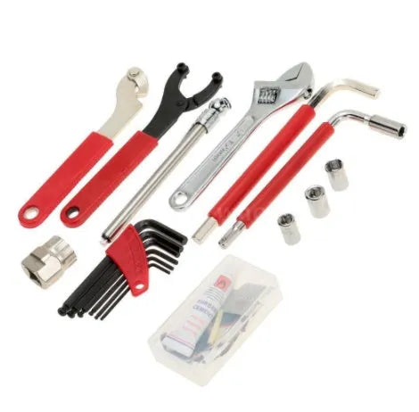 Red PE shell bicycle repair tool set with carbon steel tools for cycling maintenance, 32.5 x 25 x 7 cm