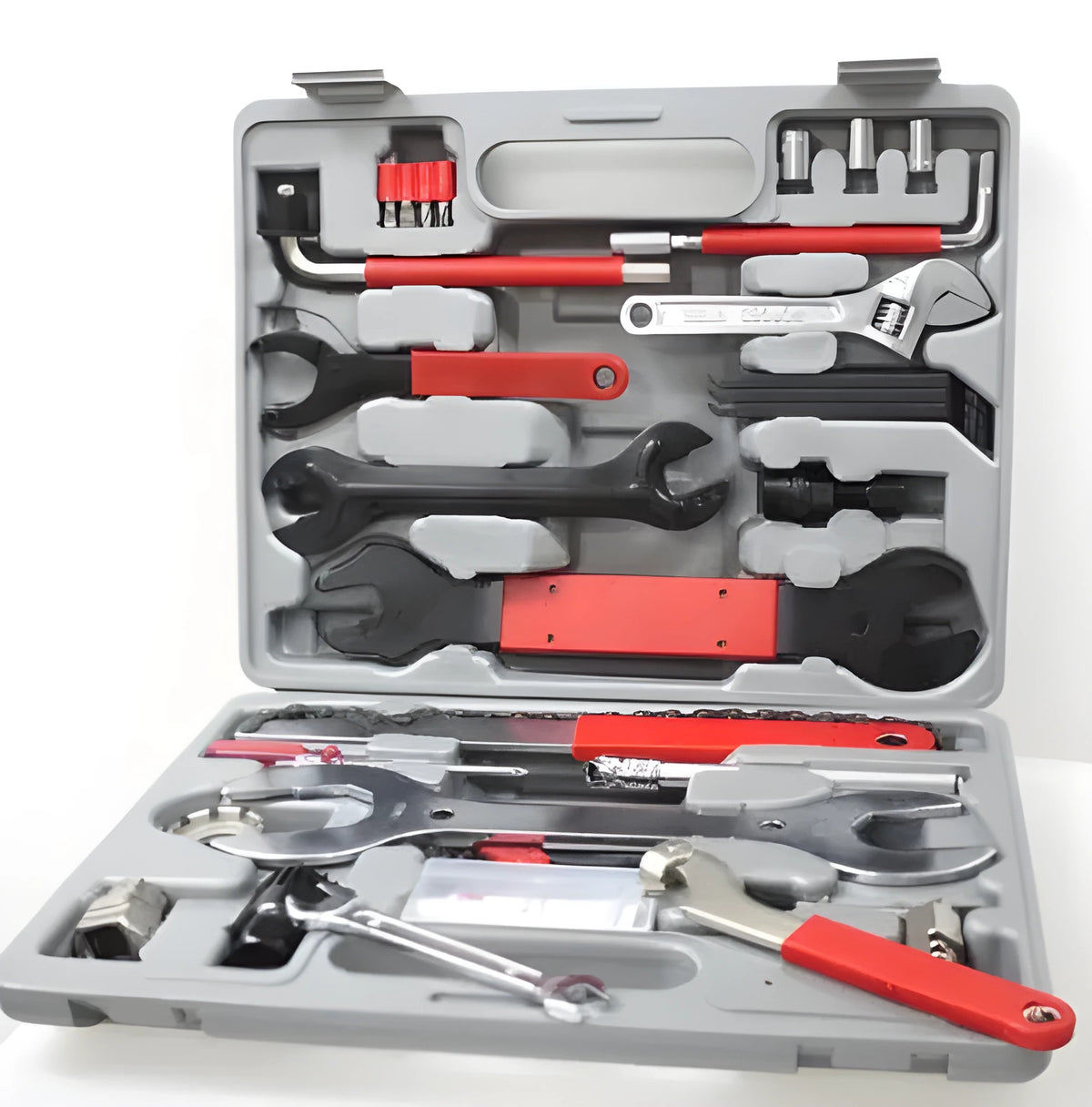 Red PE shell bicycle repair tool set with carbon steel tools for cycling maintenance, 32.5 x 25 x 7 cm