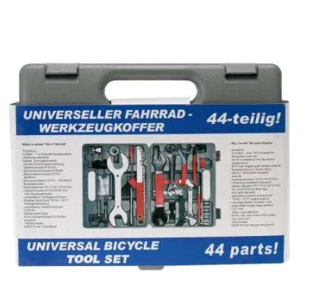 Red PE shell bicycle repair tool set with carbon steel tools for cycling maintenance, 32.5 x 25 x 7 cm