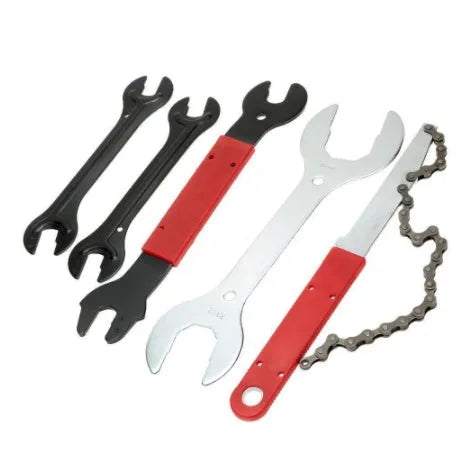 Red PE shell bicycle repair tool set with carbon steel tools for cycling maintenance, 32.5 x 25 x 7 cm