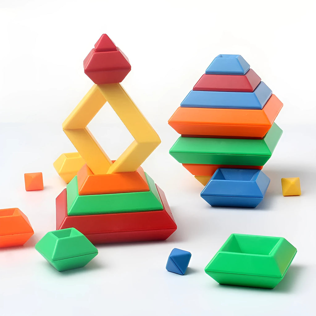 Rainbow coloured tower building blocks for shape recognition educational toy