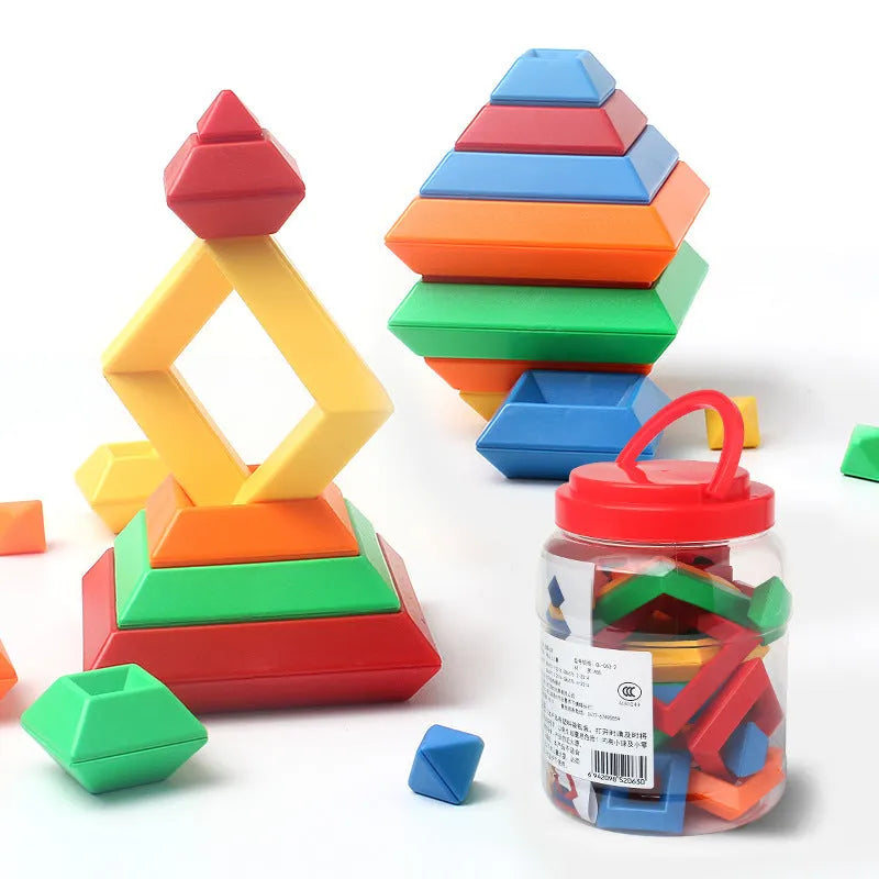 Rainbow coloured tower building blocks for shape recognition educational toy