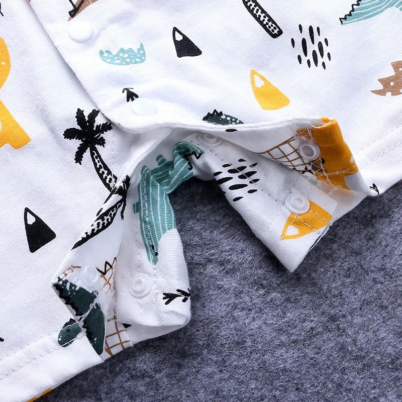 Cartoon dinosaur print short-sleeved cotton baby romper in white and blue, suitable for summer, sizes 66-90 cm