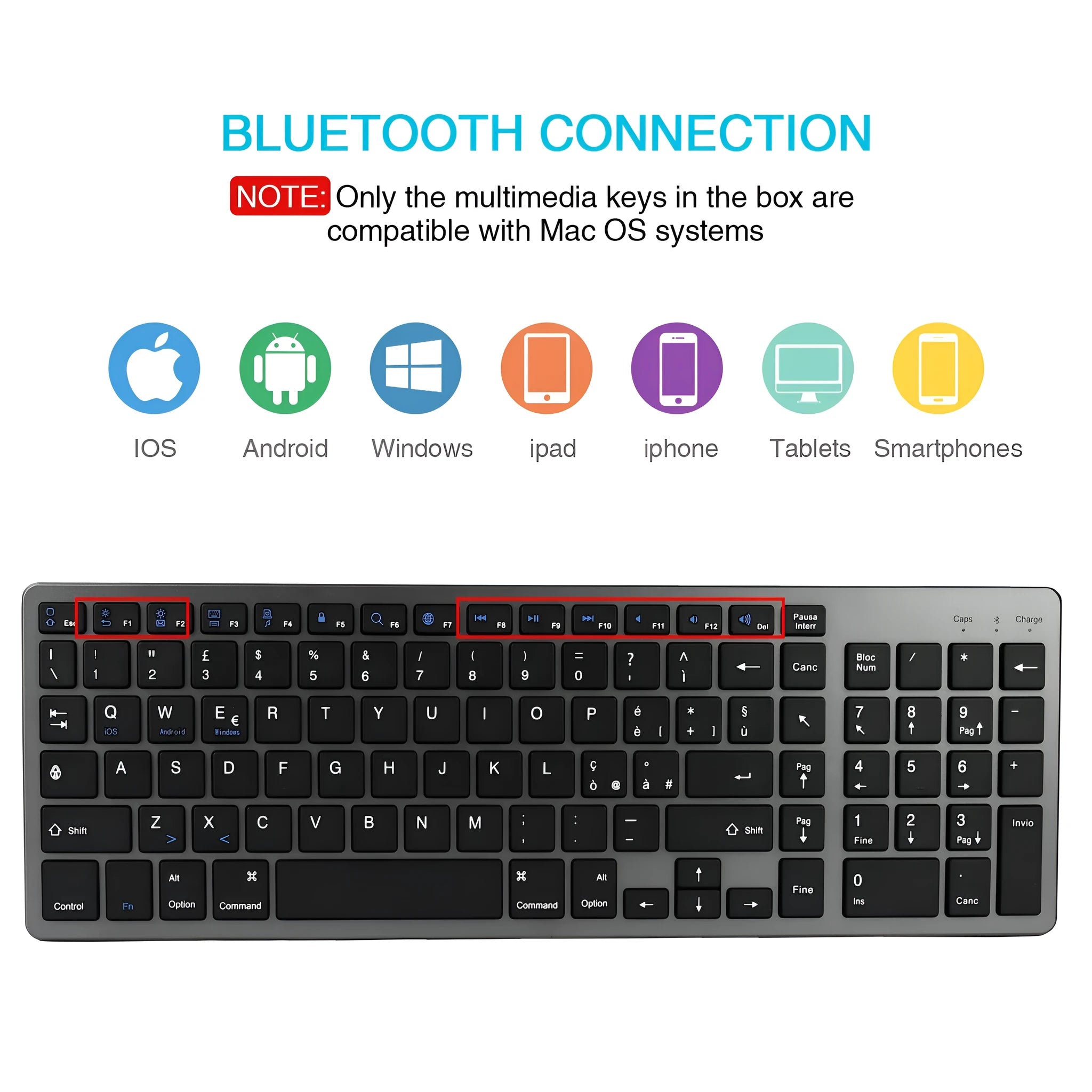 Universal rechargeable Bluetooth keyboard for tablets and mobile phones in white colour