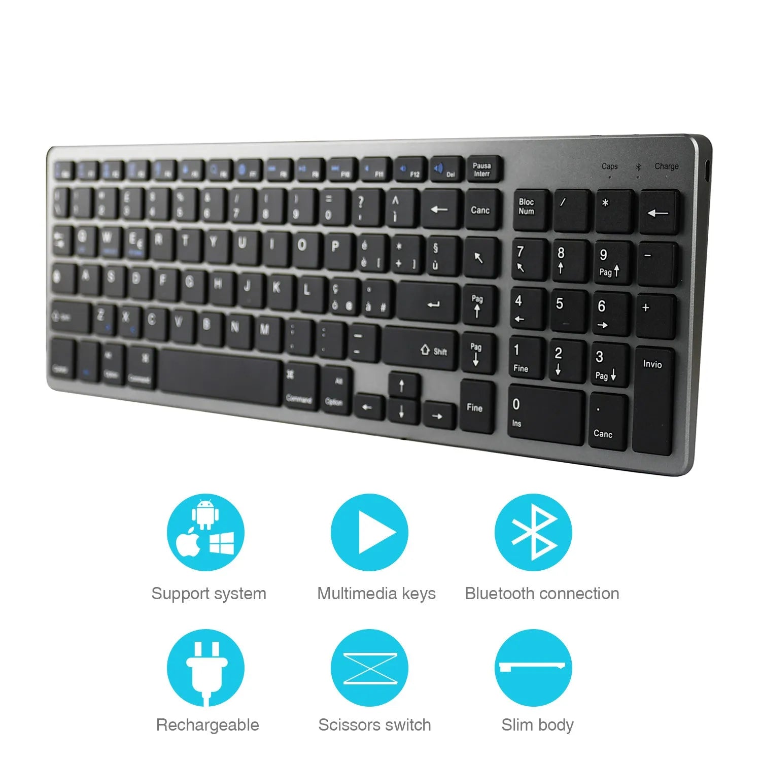 Universal rechargeable Bluetooth keyboard for tablets and mobile phones in white colour