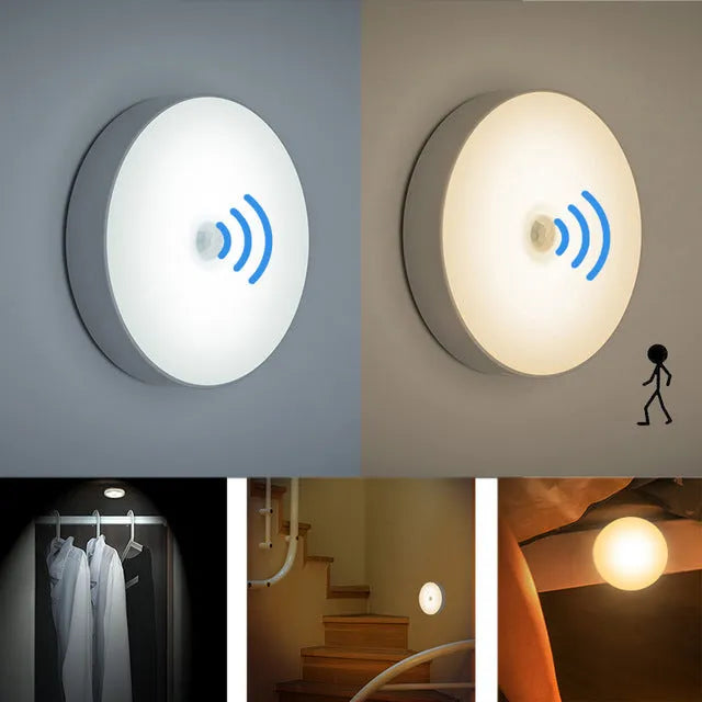 Small white round motion sensing LED night light with USB charging port