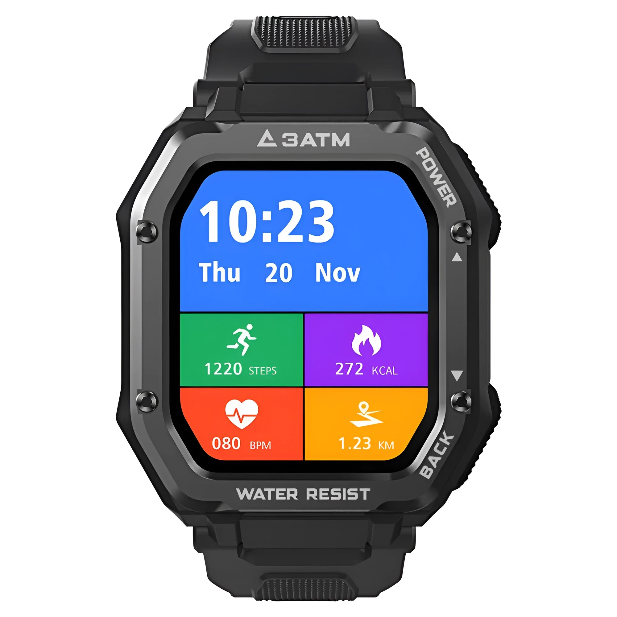 Outdoor sports smart watch with 1.69-inch screen showing fitness metrics on silicone wristband
