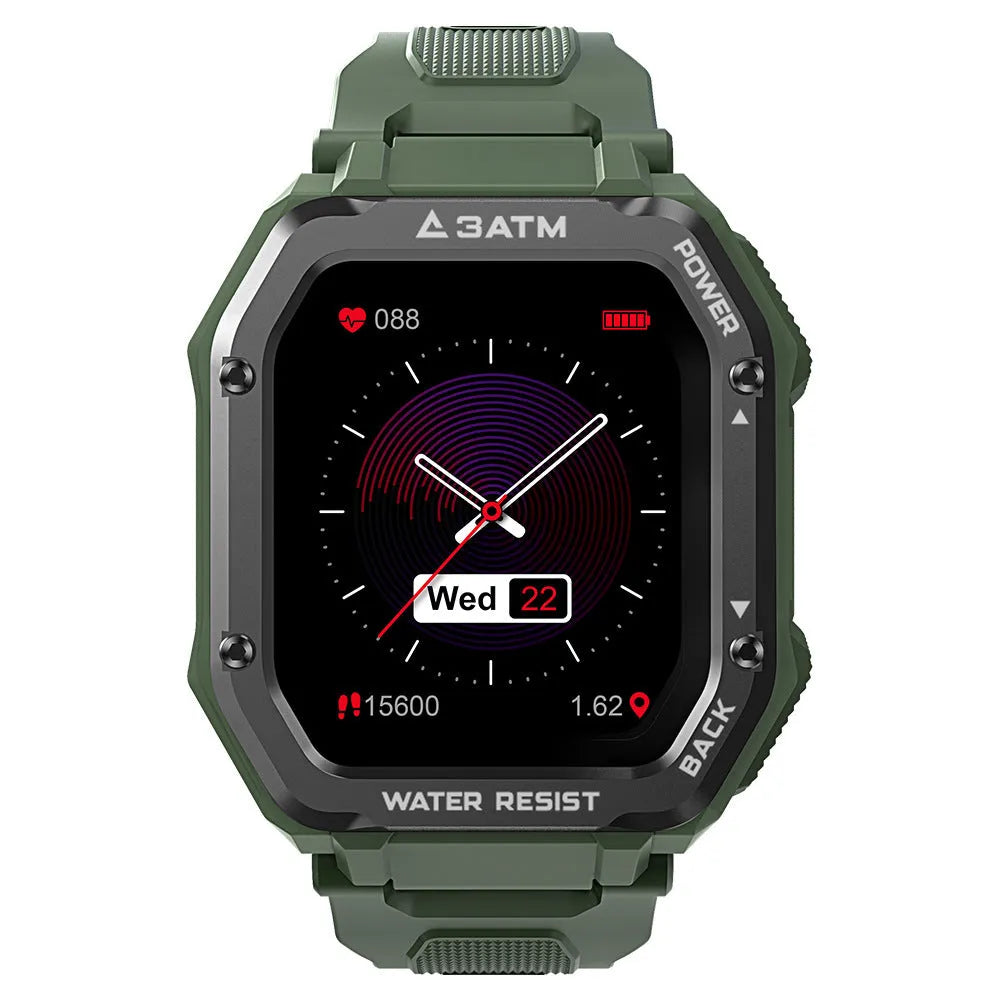 Outdoor sports smart watch with 1.69-inch screen showing fitness metrics on silicone wristband