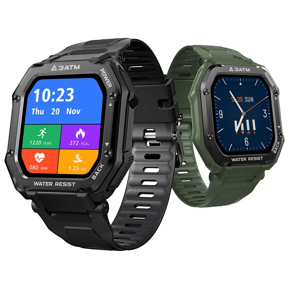 Outdoor sports smart watch with 1.69-inch screen showing fitness metrics on silicone wristband