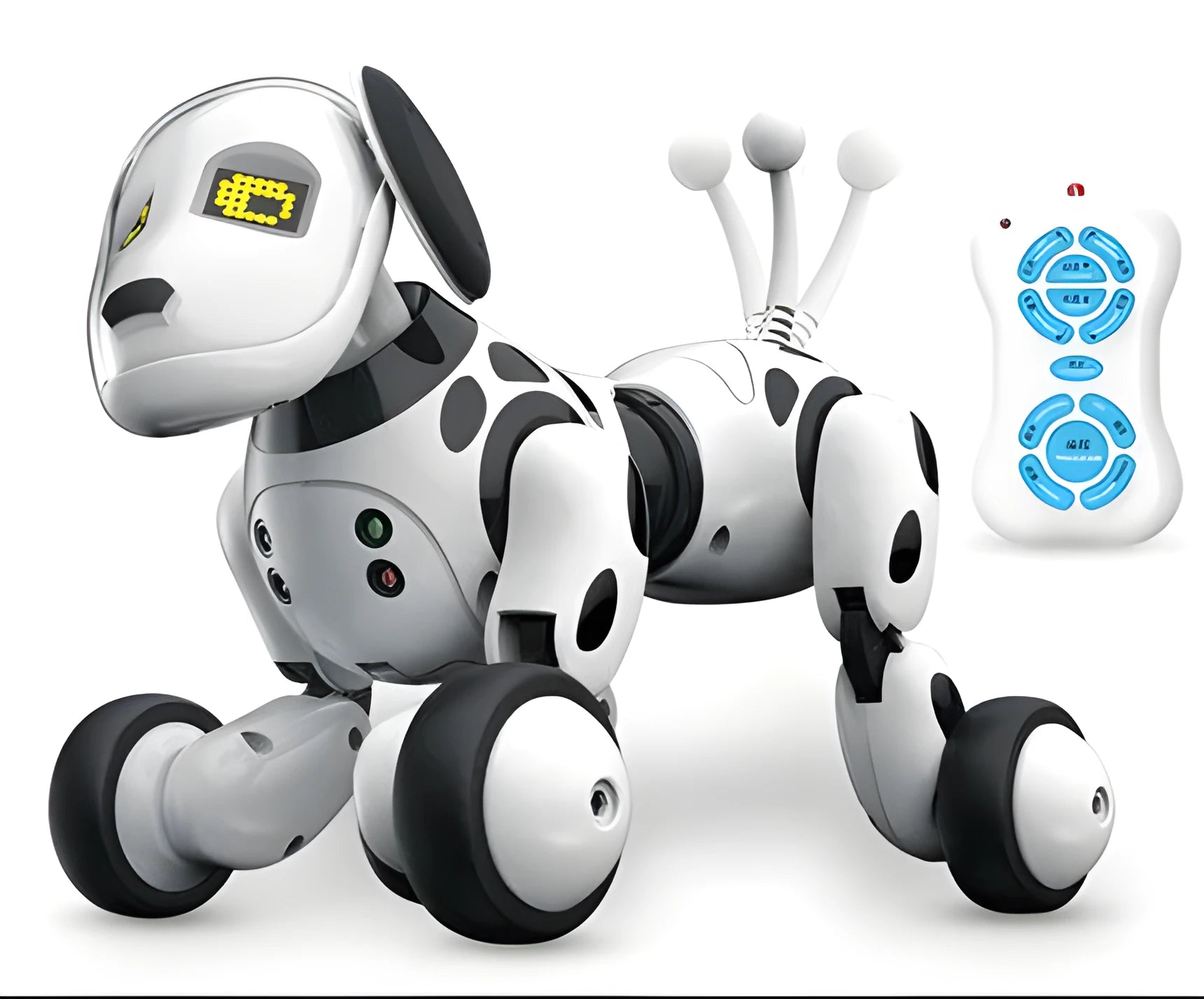 Red and black smart robot dog toy with remote control on table, showing compact size and detailed features.