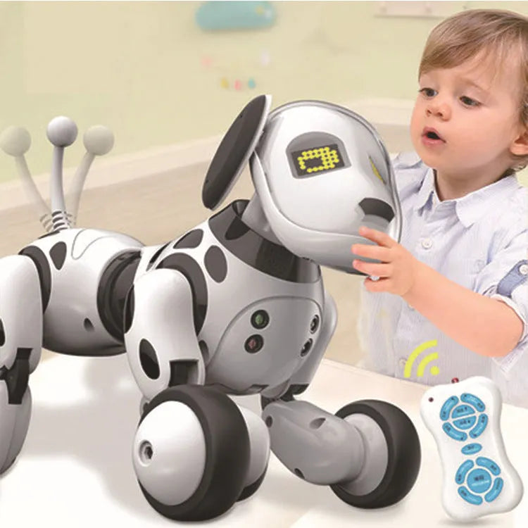 Red and black smart robot dog toy with remote control on table, showing compact size and detailed features.