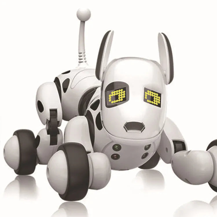 Red and black smart robot dog toy with remote control on table, showing compact size and detailed features.