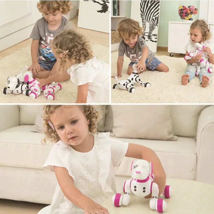 Red and black smart robot dog toy with remote control on table, showing compact size and detailed features.