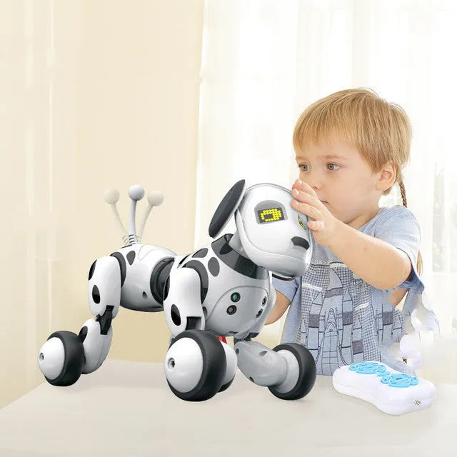 Red and black smart robot dog toy with remote control on table, showing compact size and detailed features.