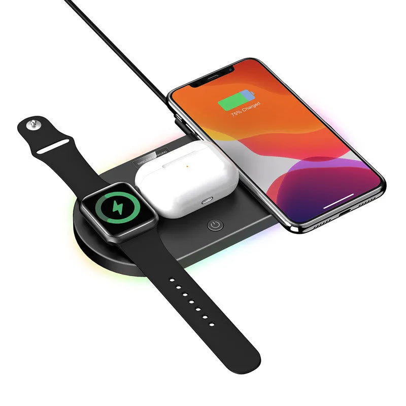 Black and white desktop wireless charging station with 15w fast charging and LED indicator