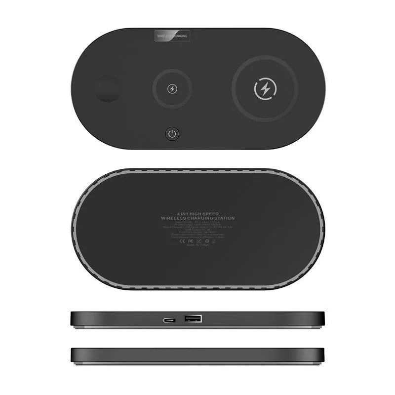Black and white desktop wireless charging station with 15w fast charging and LED indicator