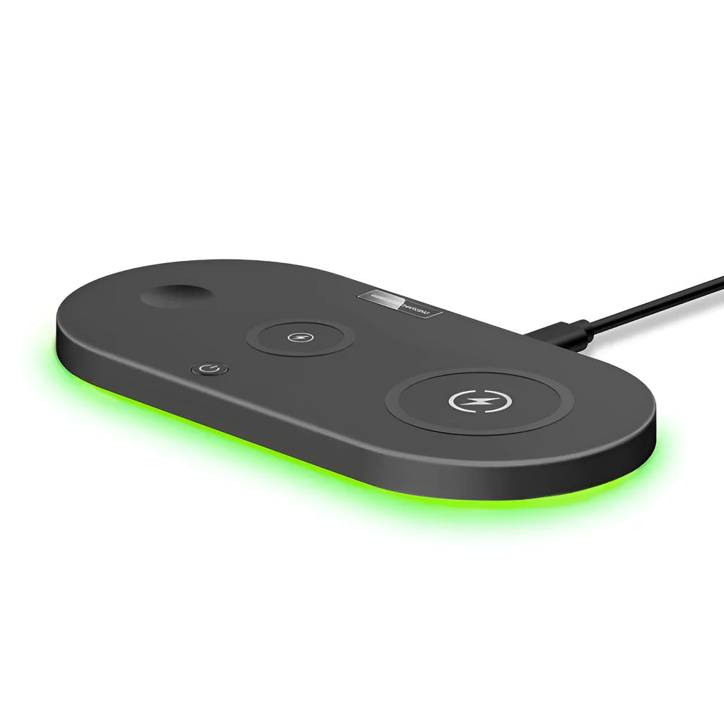 Black and white desktop wireless charging station with 15w fast charging and LED indicator