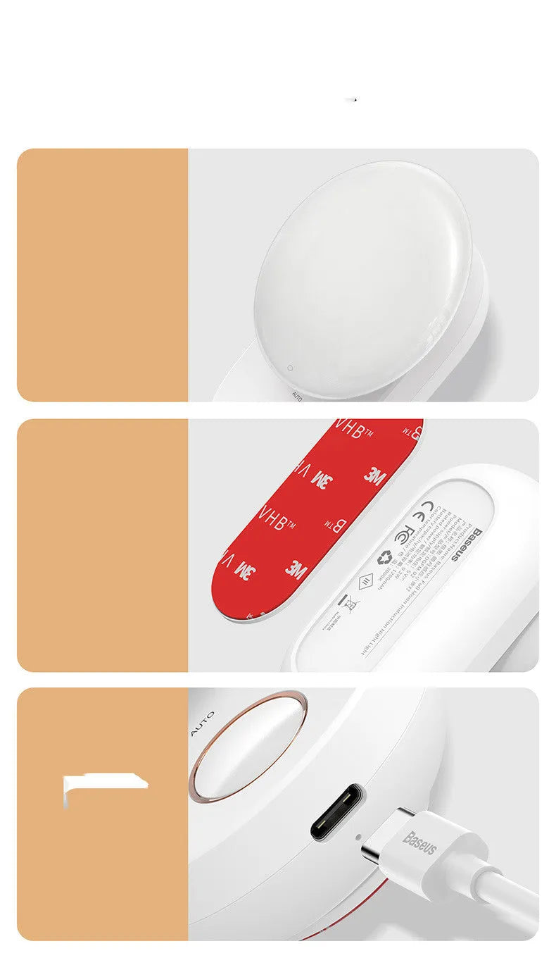 White Baseus rechargeable motion sensor night light on a bedside table.