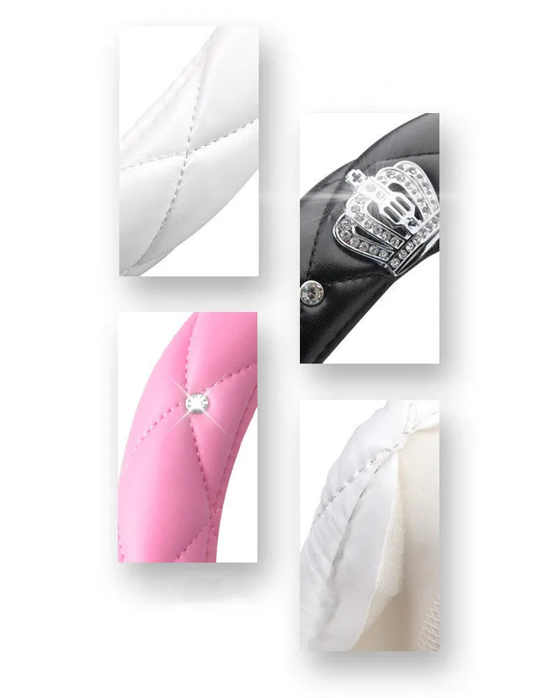 Women's diamond steering wheel cover with 5A Czech imported rhinestones in pink and white on a black car steering wheel